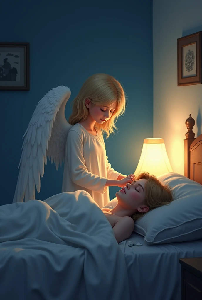 "A serene image of a guardian angel watching over a sleeping adult. The angel is depicted with gentle, flowing wings, standing beside the bed where the adult rests peacefully. The angel has a calm, loving expression, with a soft glow surrounding them, illuminating the room with a warm, comforting light. The adult, dressed in simple sleepwear, lies peacefully under a cozy blanket, with a relaxed and tranquil expression. The scene is set in a quiet, dimly lit room, with the angel's presence providing a sense of protection and peace, ensuring the adult's restful sleep."