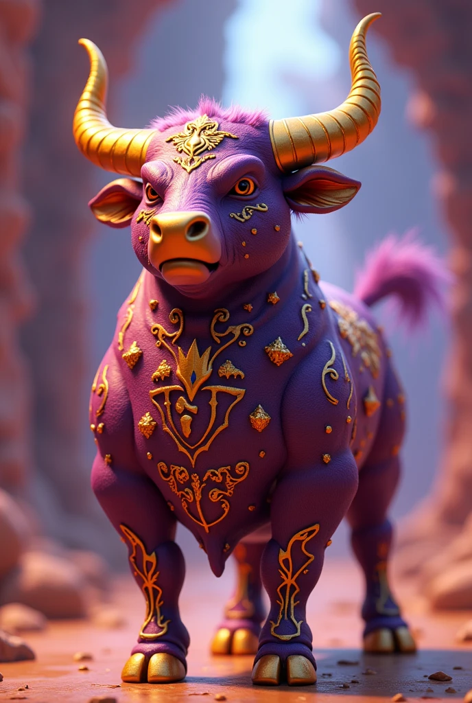 3D animation of a golden and purple female bull that has the name of "Red Bulls Kings" with the "Support from Matias Gazilazo" and identifies the group as "Dana Michelle Team".
