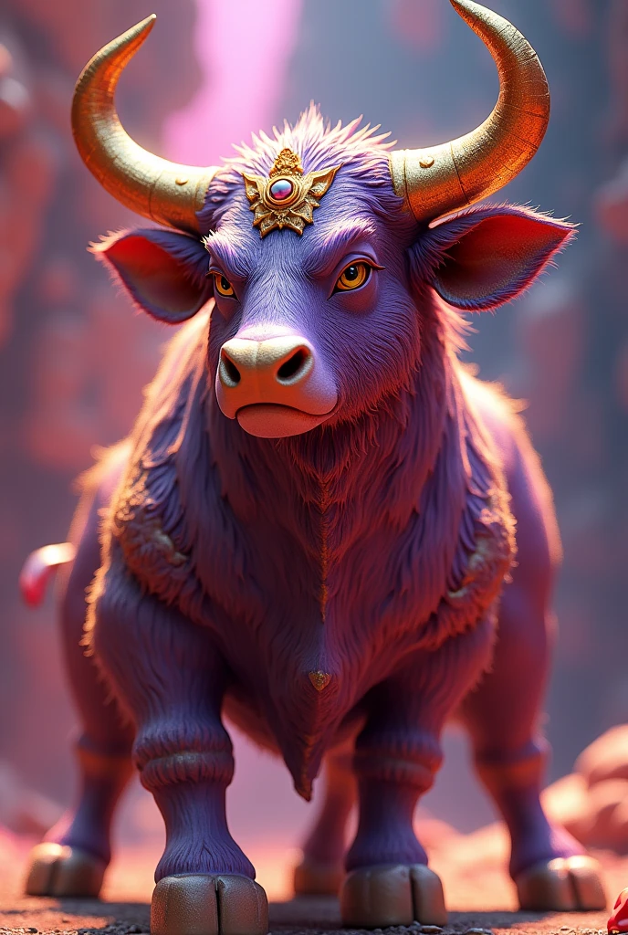 3D animation of a golden and purple female bull that has the name of "Red Bulls Kings" with the "Support from Matias Gazilazo" and identifies the group as "Dana Michelle Team".