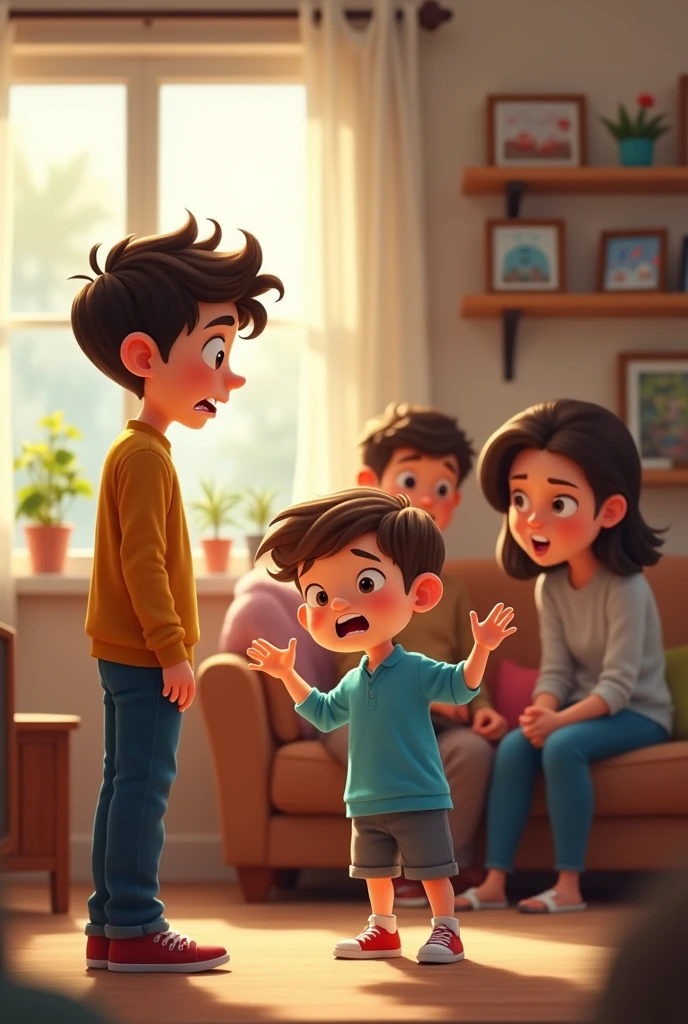 Show me a situation where a ager is telling his mother and father about something while his younger brother interrupts the conversation while singing children's songs., There is only one 1 teen and a younger brother