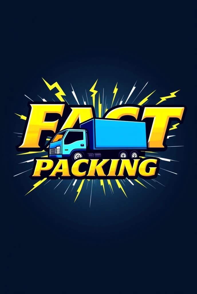 Logo for fast packing company yellow letters with a blue truck and lightning bolts coming out from behind it on a blue black background 


