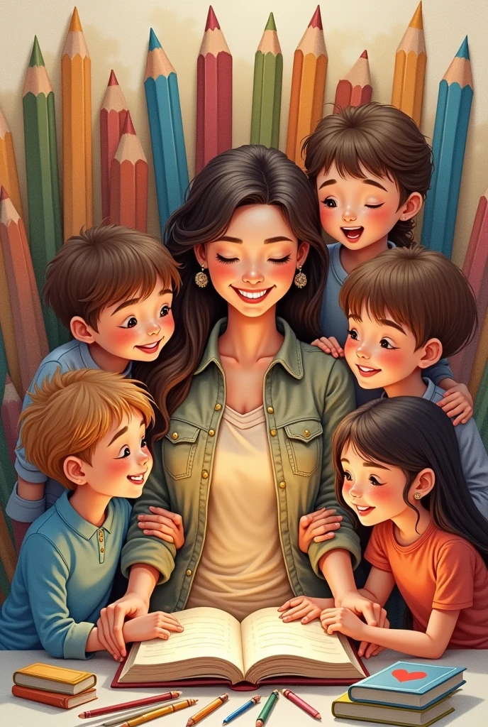 hand drawing of several happy children and a woman in the middle of them taking care of them amidst books and bottomless pencils
