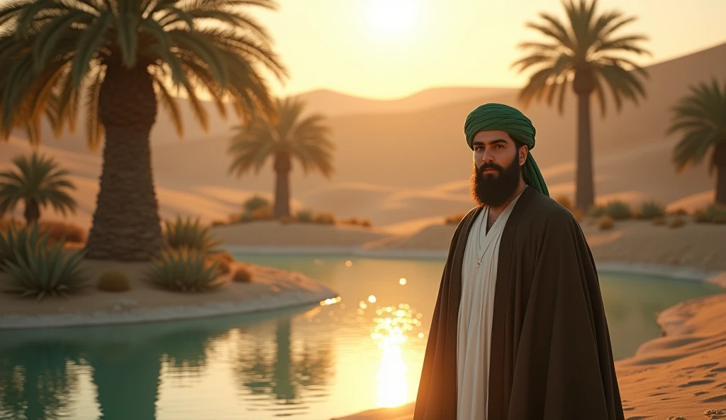 Imam Hussain in a Desert Oasis
Imam Hussain stands beside a small oasis in the desert, his face illuminated by a heavenly glow. He is dressed in his traditional white thobe and green turban, with a dark cloak draped over his shoulders. The water in the oasis reflects the light, and the surrounding palm trees sway gently in the breeze. The image is highly detailed, with realistic textures in the sand, water, and foliage.