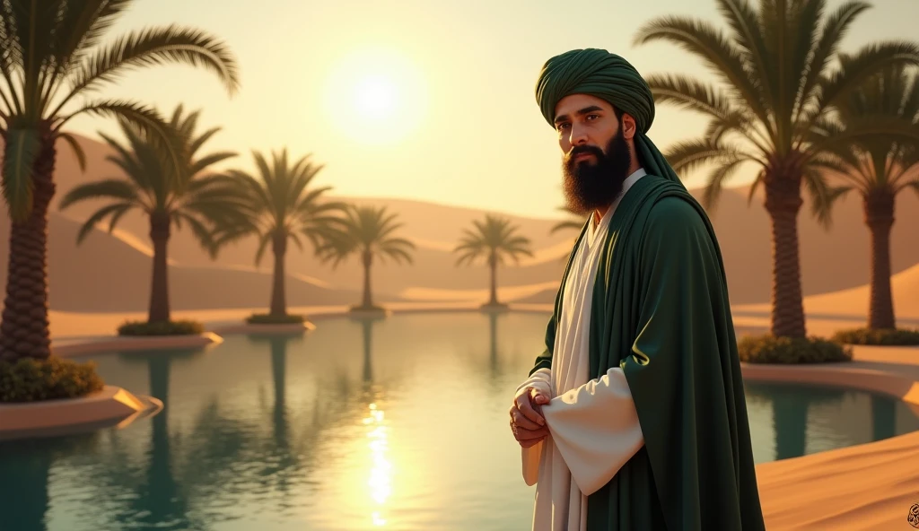 Imam Hussain in a Desert Oasis
Imam Hussain stands beside a small oasis in the desert, his face illuminated by a heavenly glow. He is dressed in his traditional white thobe and green turban, with a dark cloak draped over his shoulders. The water in the oasis reflects the light, and the surrounding palm trees sway gently in the breeze. The image is highly detailed, with realistic textures in the sand, water, and foliage.