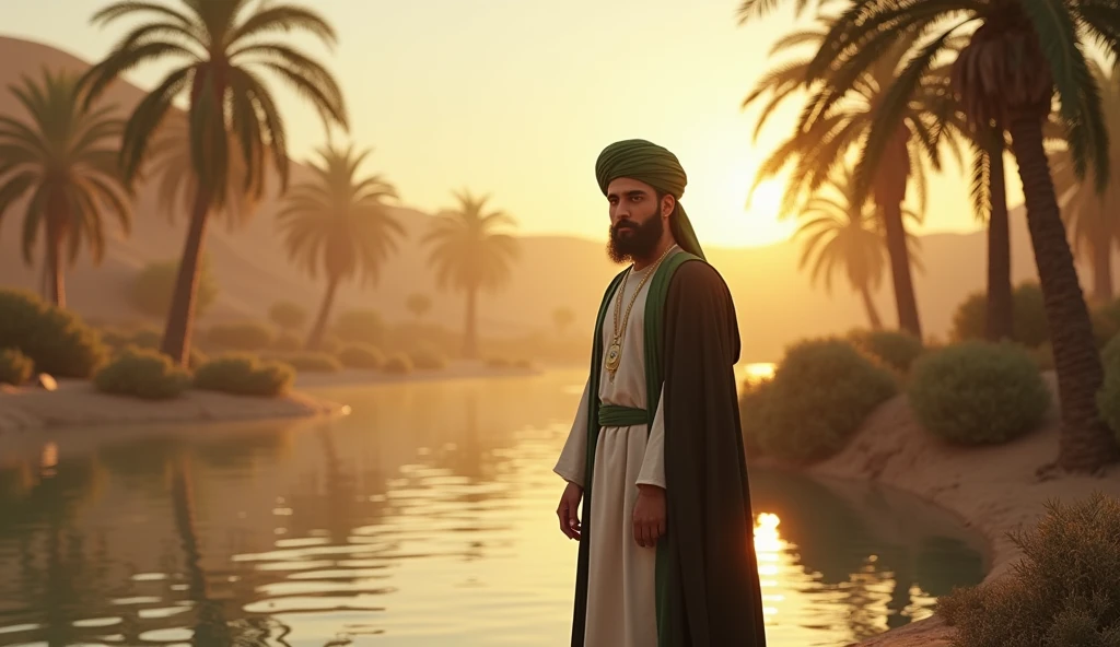 Imam Hussain in a Desert Oasis
Imam Hussain stands beside a small oasis in the desert, his face illuminated by a heavenly glow. He is dressed in his traditional white thobe and green turban, with a dark cloak draped over his shoulders. The water in the oasis reflects the light, and the surrounding palm trees sway gently in the breeze. The image is highly detailed, with realistic textures in the sand, water, and foliage.