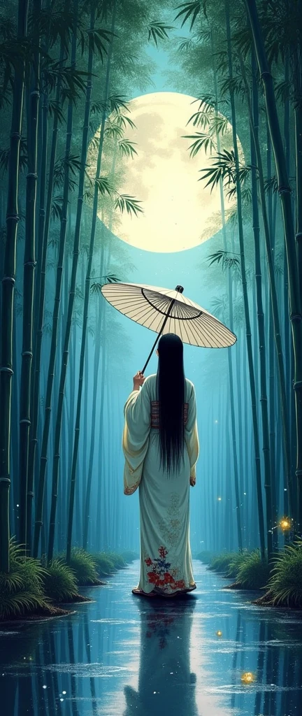 dynamic ink painting of a bamboo grove of japan, great art, great sense of depth, ground level shot, the most beautiful bamboo grove in the world, bamboo leaves shining through rainwater, moon\(pale blue\) with a light overcast, beautiful woman\(ancient Japanese noble, beautiful kimono, beautiful long black hair\) looking up at the moon holding an umbrella,raining softly, fireflies flying around, bamboo leaves are placed three-dimensionally in the foreground, long distance shot,limited color