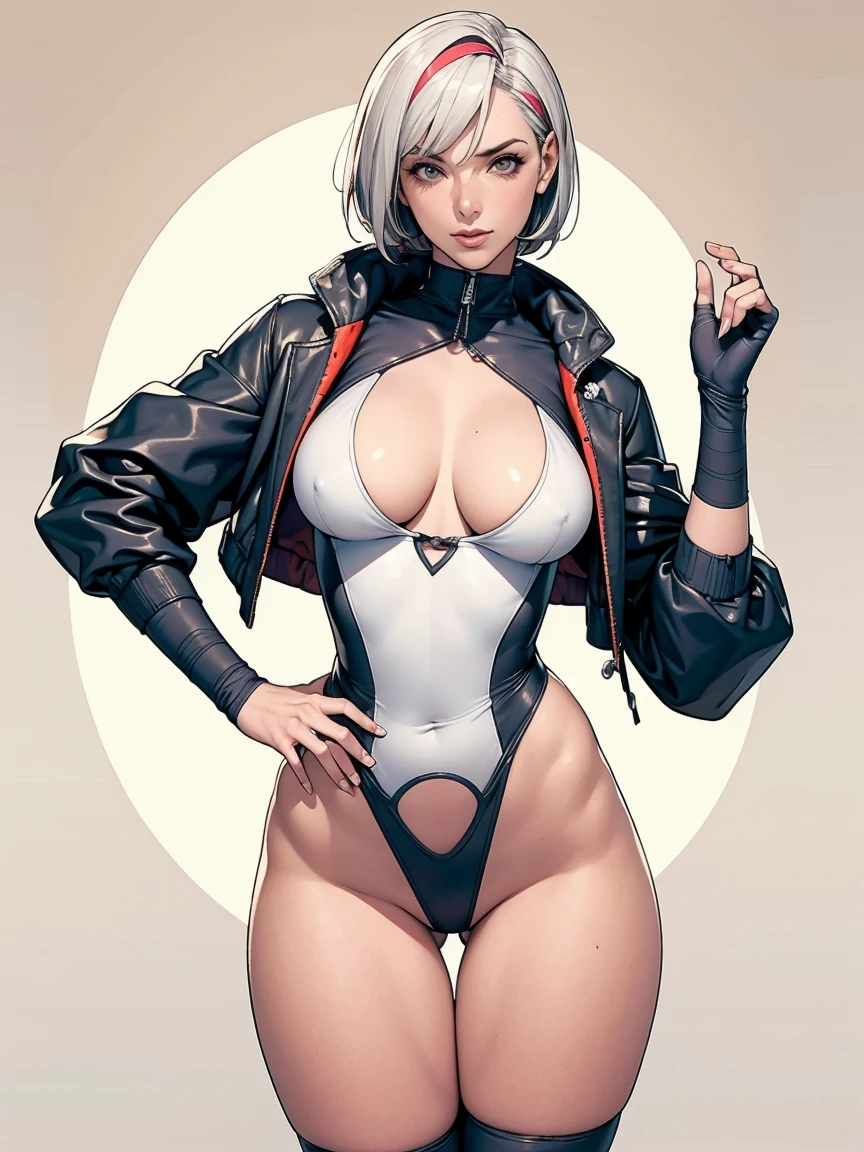 (((Annie Lennox))), (((colorful suit))), (scars), (((bandaged arms))), (((colorful clothes))) (( hood)), (((best quality: 1.4))), (Unbeatable masterpiece), (hyper HD),(CG 8k hyper-realistic), beautiful face, (((breasts big))), (((hyper feminine))), sexly girl, ((round face)), black tattoo,(ultra short red hair with white highlights)), ((( sculptural body ))), (((1 Kizi))), Kizi tatuada de 25 anos com perfect body, perfect hands, perfect fingers ,Beautiful and well-groomed face, (round face), muscular body:1.2,solid color detailed jacket, (Head to thigh photos), Complex equipment, ,Tight clothes,With white stars and off-white stripes,,,,,Armor Metal Electronic Parts, Poison tattoos ) INFO, Kizi, (((standing alone))), , 24歳, sexy, pose de attitude, work of art, dancing, ((slight smile)), post-apocalypse, (((manga style))), bounty hunter, the way you want, perfect body, roupa moderna, advanced technology, white, yellow accent, black, red accent, fur collar jacket, sleeves with vertical striped pattern, background city, (( cowboy shot )). intricate visual, narrow waist, (((wide hips))), wide hips, fit thighs, (((thigh gap))), Thigh gap, background shows a futuristic airplane, open expression, expression happy