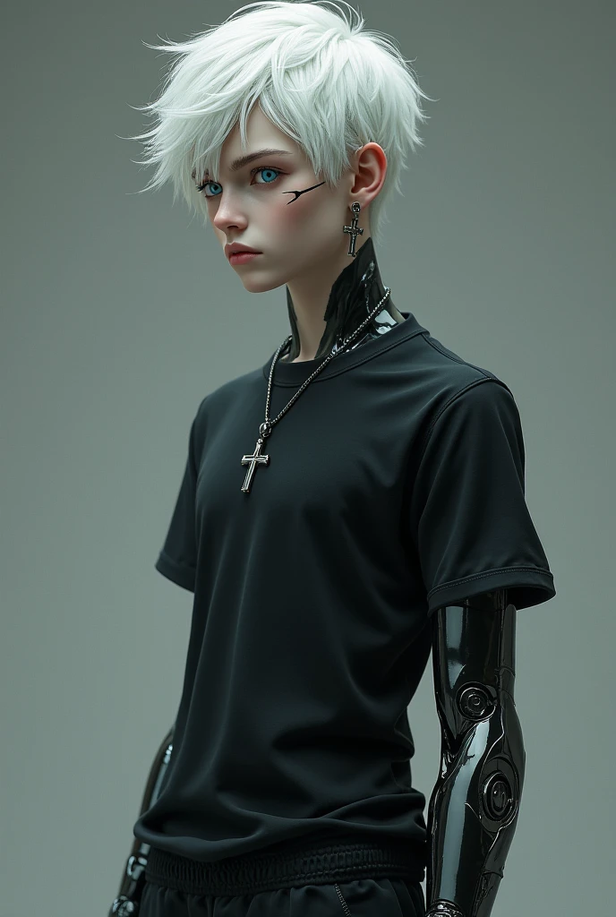 A very handsome albino boy of 1 with snow-white hair, bright light blue eyes, a cut scar on his cheek and a black earring with a cross-shaped pendant, he is tall and has 1,90 meters tall, has a strong and defined body, wears a tight black short-sleeved shirt, black sports pants and black shoes and has two robot forearms/cyborg