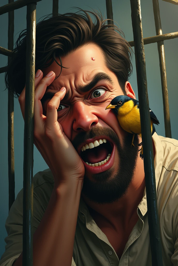 A man holding his hand in fear because a lark had stung him when he was trying to escape from the cage