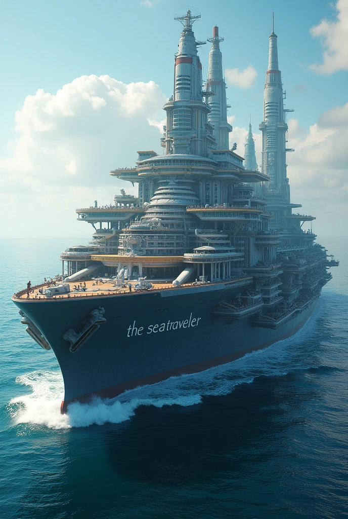 a big city on a very big boat with "the SeaTraveler" written on it