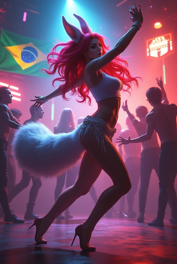 Ahri from League of Legends fighting Brazil in a nightclub