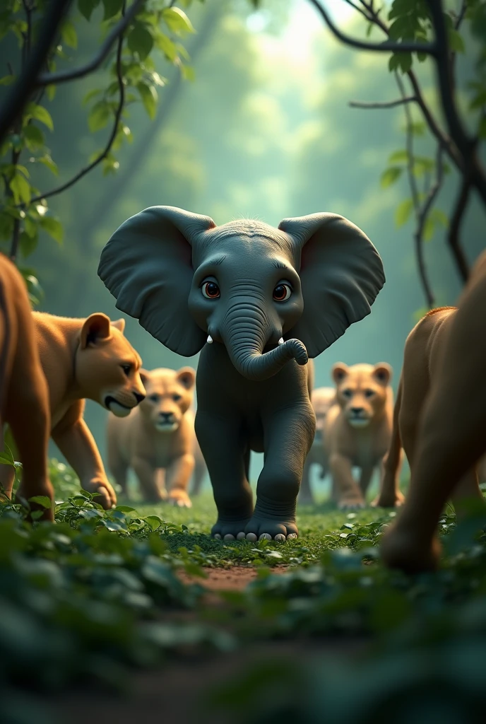 In3d animation a young elephant. A tense moment as the lions cautiously circle, while Tara remains steadfast and determined. The jungle feels thick with tension as the two sides size each other up.