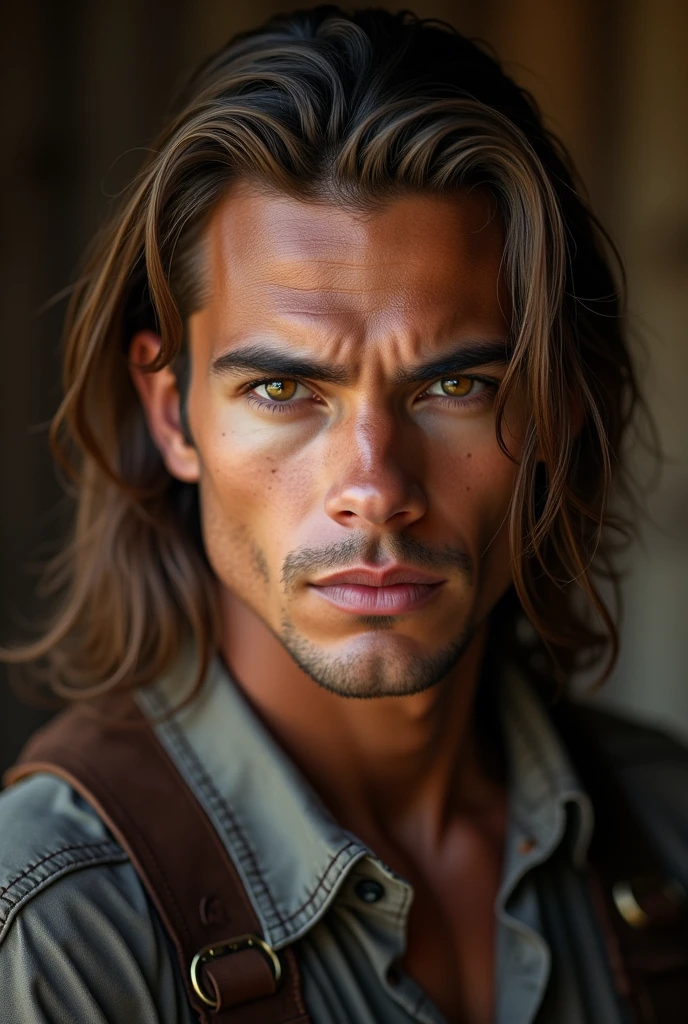 "Young man with long brown hair, piercing brown eyes, defined jaw and striking features in the old west style."(without a hat and without a beard)