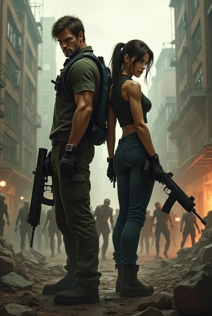 Cris redfield,Resident Evil, and Lara CROFT, 
Tomb Raider facing a wave of zombies in a post-apocalyptic world 
