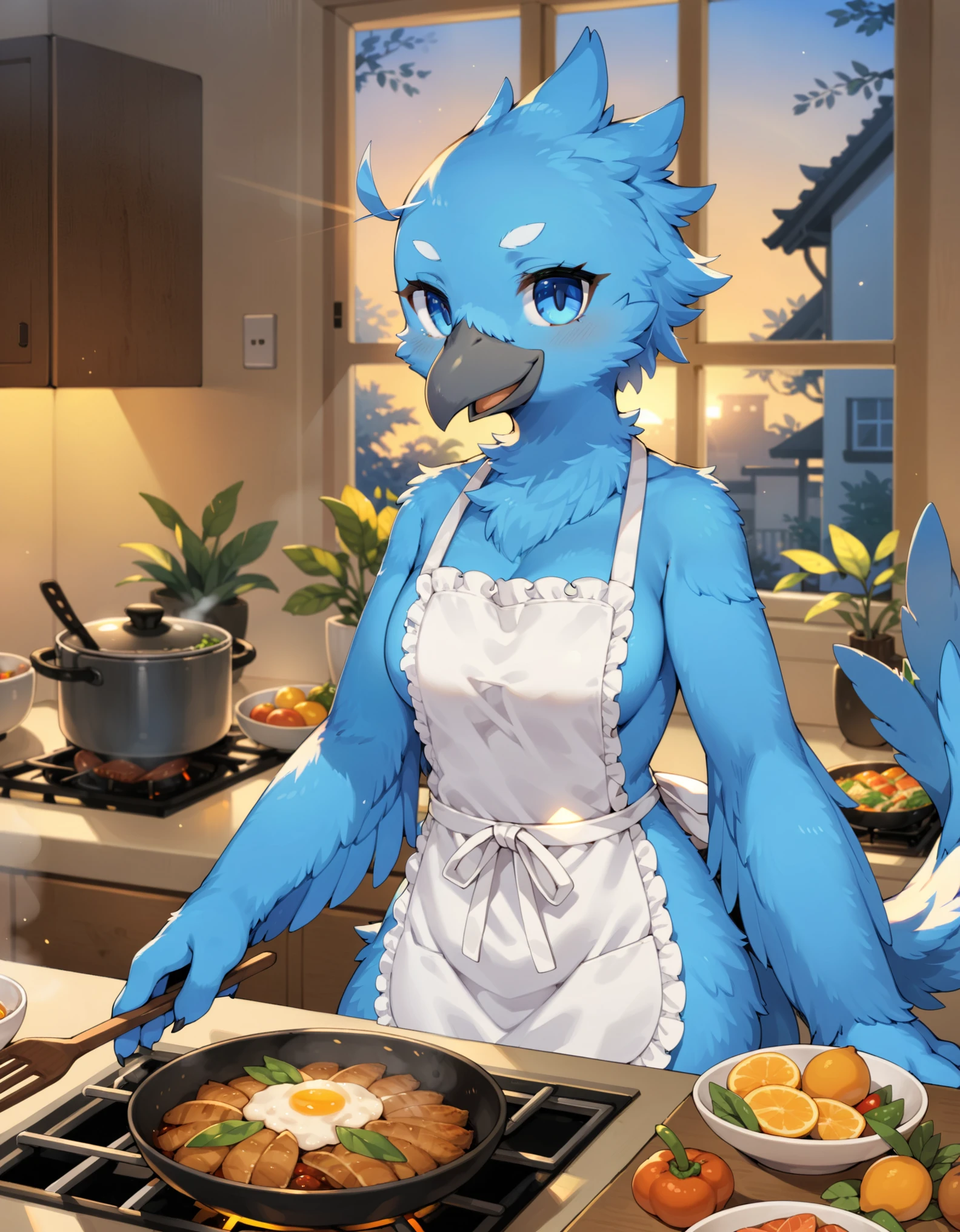 tweetfur, grey beak, blue eyes, apron only, winged arms, looking at viewer, cooking, smile, BREAK, by Atode Kimeru, by Wkar, by Wolfwithwing, detailed background, detailed foreground, depth of field, ambient silhouette, backlighting, kitchen, window, plant, meal, dinner, sunlight, yellow light, blue light