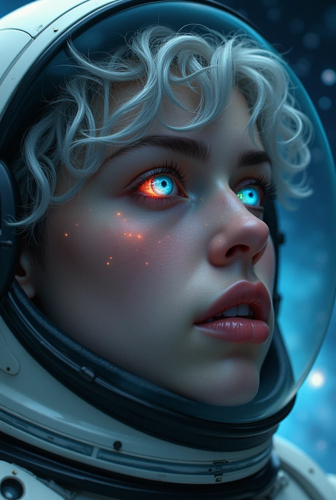 (Close-up of a better masterpiece:1.5)0.9], (Space and astronauts:1.2) (Messy silver hair:1.1) (Heterochromia xanthochromia and blue eyes:1.2) (Space Helmet:1.0) (Colored stars in the eyes:1.0) (A radiant glow:1.1) (thick lips:0.9)