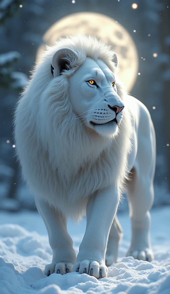 Generate a Super Ultra realistic 8k image of a beautiful strong white lion in the snow at night