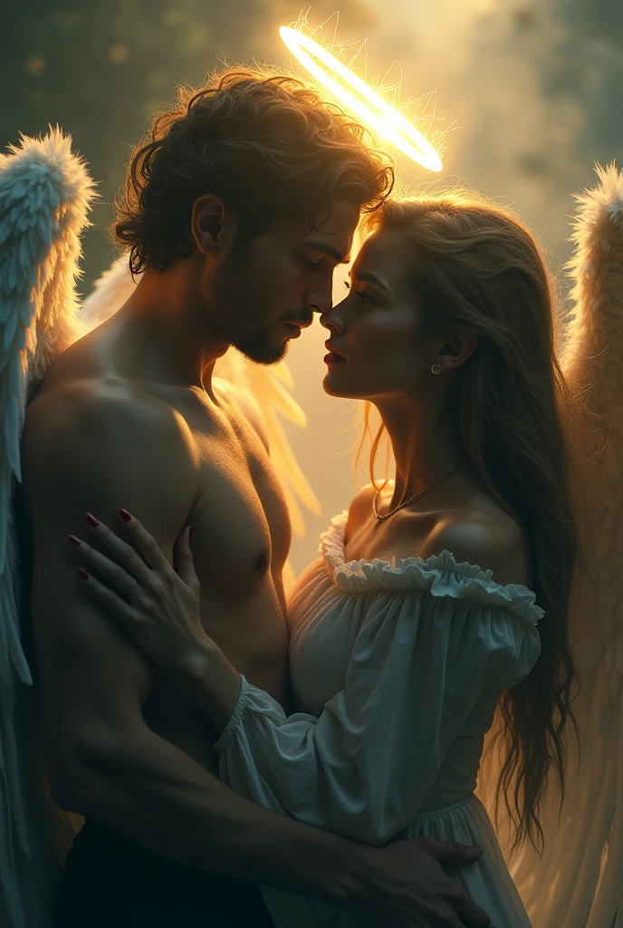 a beautiful angelic man and a demonic woman, embracing, looking directly at the viewer, (best quality,4k,8k,highres,masterpiece:1.2),ultra-detailed,(realistic,photorealistic,photo-realistic:1.37),HDR,UHD,studio lighting,ultra-fine painting,sharp focus,physically-based rendering,extreme detail description,professional,vivid colors,bokeh,fantasy,dramatic lighting,ethereal,mystical,seraphic,elegant,gorgeous,intricate details,chiaroscuro,cinematic composition