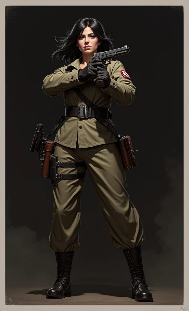 Black haired woman holding a pistol wearing a military uniform