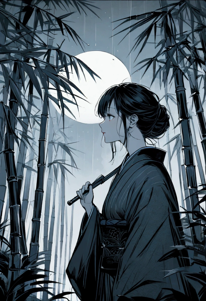 dynamic ink painting of a bamboo grove of japan, great art, great sense of depth, ground level shot, the most beautiful bamboo grove in the world, bamboo leaves shining through rainwater, moon\(pale blue\) with a light overcast, beautiful woman\(ancient Japanese noble, beautiful kimono, beautiful long black hair\) looking up at the moon holding an umbrella,raining softly, fireflies flying around, bamboo leaves are placed three-dimensionally in the foreground, long distance shot,limited color