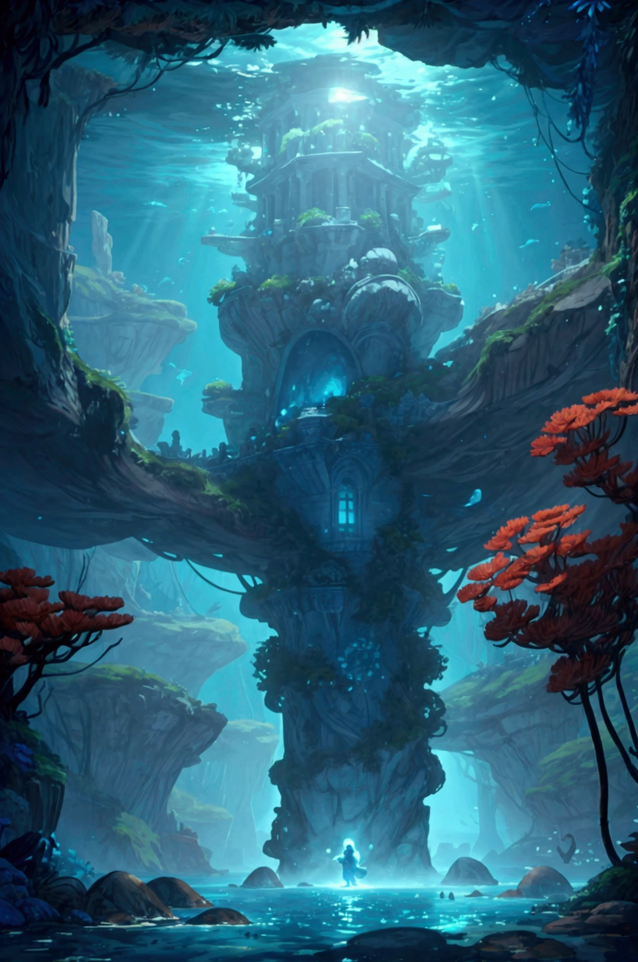 The palace, once a beacon of a thriving civilization, now stands as a timeless monument to the wonders of the ocean. Its grand arches and columns are adorned with intricate carvings that tell the stories of an ancient, lost empire, with symbols and figures that seem to come alive in the flickering light of the bioluminescent corals. Giant clams and sea urchins decorate the palace grounds, while delicate strands of seaweed sway gently in the currents, adding a touch of movement to the serene environment. In the distance, a towering kelp forest looms, its fronds stretching upwards like an underwater canopy, casting deep shadows and creating a sense of depth and mystery.
The ocean floor is a treasure trove of forgotten relics, where golden coins, jeweled trinkets, and ancient artifacts lie half-buried in the sand, hinting at the once-great wealth of this submerged kingdom. Tiny bubbles rise slowly to the surface, tracing the path of a mysterious current that winds its way through the city, carrying with it the secrets of the deep.
Above, the surface of the water is barely visible, a distant, wavering line that separates the tranquil beauty of the underwater world from the unknown expanse above. The entire scene is a harmonious blend of vibrant colors and soft, diffused light, creating a peaceful yet awe-inspiring atmosphere that draws the viewer into this enchanting underwater paradise. The digital painting captures the majesty and mystery of the ocean, offering a glimpse into a world where nature and ancient history intertwine in perfect balance.