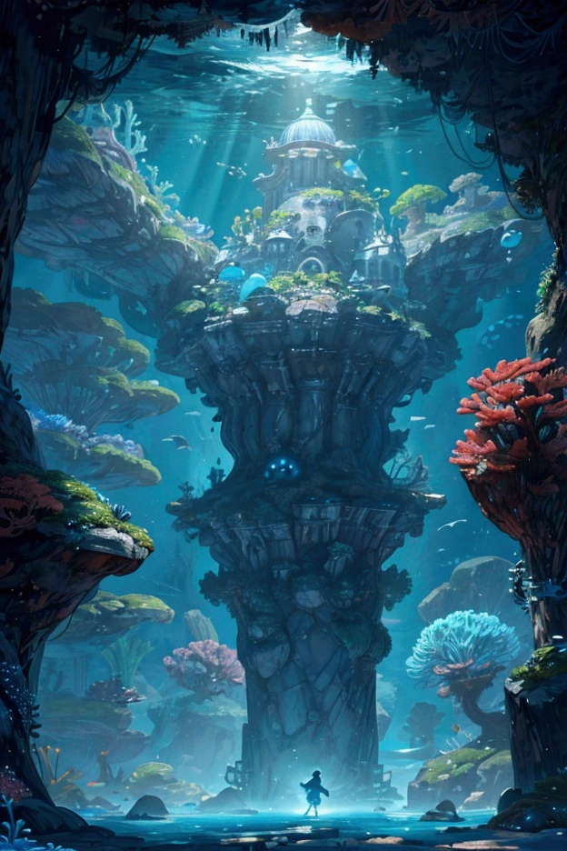The palace, once a beacon of a thriving civilization, now stands as a timeless monument to the wonders of the ocean. Its grand arches and columns are adorned with intricate carvings that tell the stories of an ancient, lost empire, with symbols and figures that seem to come alive in the flickering light of the bioluminescent corals. Giant clams and sea urchins decorate the palace grounds, while delicate strands of seaweed sway gently in the currents, adding a touch of movement to the serene environment. In the distance, a towering kelp forest looms, its fronds stretching upwards like an underwater canopy, casting deep shadows and creating a sense of depth and mystery.
The ocean floor is a treasure trove of forgotten relics, where golden coins, jeweled trinkets, and ancient artifacts lie half-buried in the sand, hinting at the once-great wealth of this submerged kingdom. Tiny bubbles rise slowly to the surface, tracing the path of a mysterious current that winds its way through the city, carrying with it the secrets of the deep.
Above, the surface of the water is barely visible, a distant, wavering line that separates the tranquil beauty of the underwater world from the unknown expanse above. The entire scene is a harmonious blend of vibrant colors and soft, diffused light, creating a peaceful yet awe-inspiring atmosphere that draws the viewer into this enchanting underwater paradise. The digital painting captures the majesty and mystery of the ocean, offering a glimpse into a world where nature and ancient history intertwine in perfect balance.