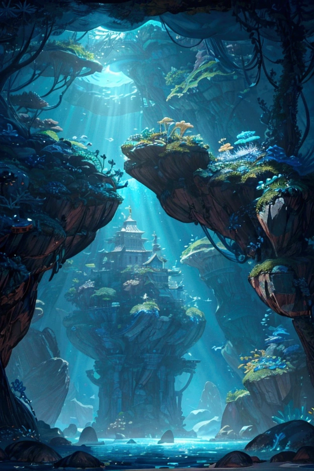 The palace, once a beacon of a thriving civilization, now stands as a timeless monument to the wonders of the ocean. Its grand arches and columns are adorned with intricate carvings that tell the stories of an ancient, lost empire, with symbols and figures that seem to come alive in the flickering light of the bioluminescent corals. Giant clams and sea urchins decorate the palace grounds, while delicate strands of seaweed sway gently in the currents, adding a touch of movement to the serene environment. In the distance, a towering kelp forest looms, its fronds stretching upwards like an underwater canopy, casting deep shadows and creating a sense of depth and mystery.
The ocean floor is a treasure trove of forgotten relics, where golden coins, jeweled trinkets, and ancient artifacts lie half-buried in the sand, hinting at the once-great wealth of this submerged kingdom. Tiny bubbles rise slowly to the surface, tracing the path of a mysterious current that winds its way through the city, carrying with it the secrets of the deep.
Above, the surface of the water is barely visible, a distant, wavering line that separates the tranquil beauty of the underwater world from the unknown expanse above. The entire scene is a harmonious blend of vibrant colors and soft, diffused light, creating a peaceful yet awe-inspiring atmosphere that draws the viewer into this enchanting underwater paradise. The digital painting captures the majesty and mystery of the ocean, offering a glimpse into a world where nature and ancient history intertwine in perfect balance.