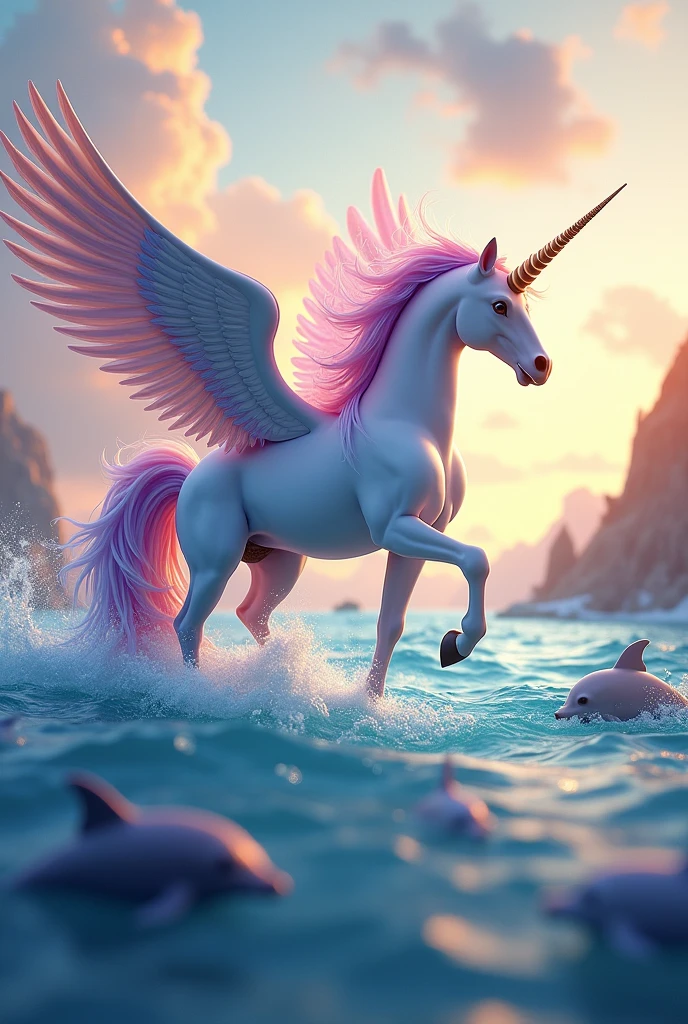 Unicorn pegasus with colorful mane in 3D and lots of light, with dolphins and that are between sky and sea