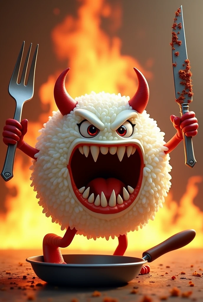 A white, round cartoon character shaped like a plate of rice. It has a fierce expression with a wide open mouth, revealing sharp teeth. It wears red evil horns and is holding a large fork in its left hand and a knife covered in food stains in its right hand. There are food remnants stuck in its teeth. A huge flame is in the background. It is wearing boots and its right foot is stepping on a pan. in Pixar Toystory stlye