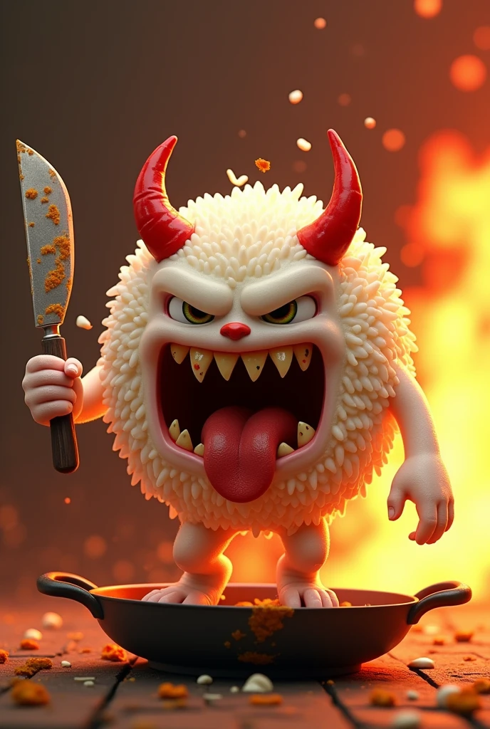 A white, round cartoon character shaped like a plate of rice. It has a fierce expression with a wide open mouth, revealing sharp teeth. It wears red evil horns and is holding a large fork in its left hand and a knife covered in food stains in its right hand. There are food remnants stuck in its teeth. A huge flame is in the background. It is wearing boots and its right foot is stepping on a pan. in Pixar Toystory stlye