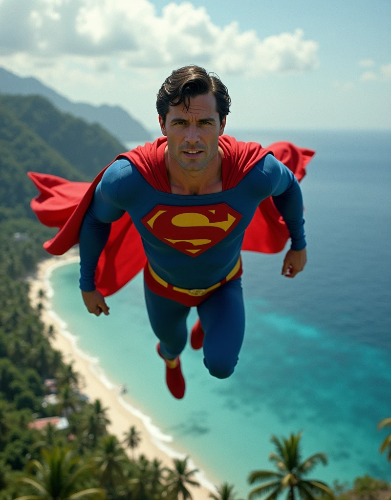 A photo of christopher reeve in his superman costume flying above puerto rico