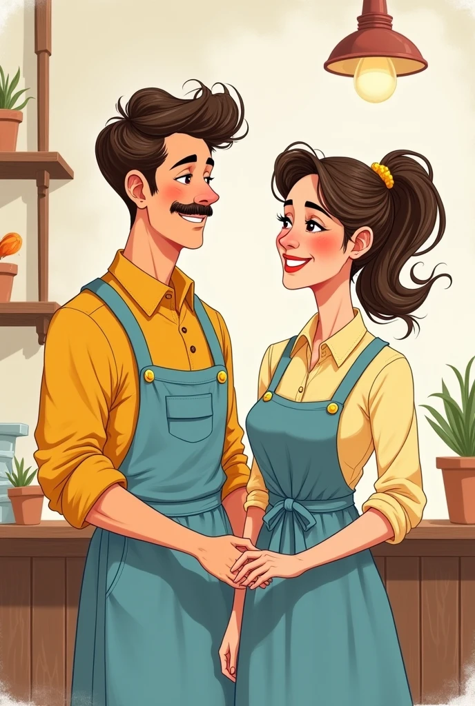 Generate me a couple of waiters, a man and a woman, well presentable with a yellow and light blue shirt., Please it is drawing style and adorable