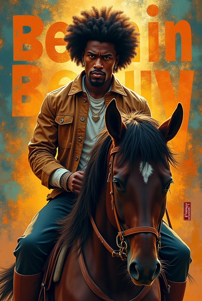 Afro male on a horse with the word Benin Boy written on the background