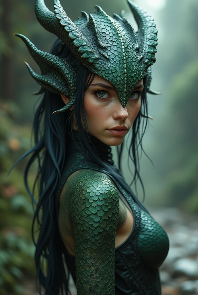 A girl who is half dragon and half human and very pretty with black eyes