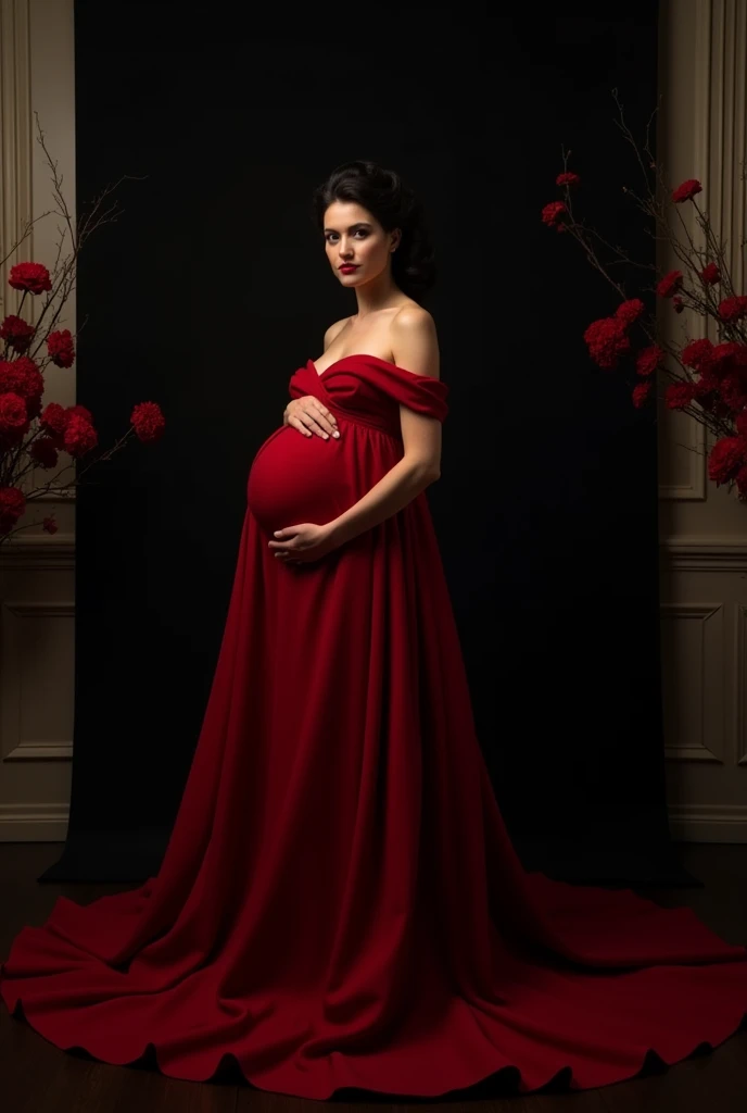 pregnant Woman red big gown , ref flower right and left both side , black background ,log dress . indoor shoot
