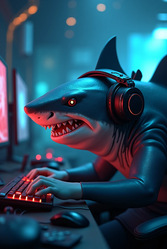  Shark with headset playing video games