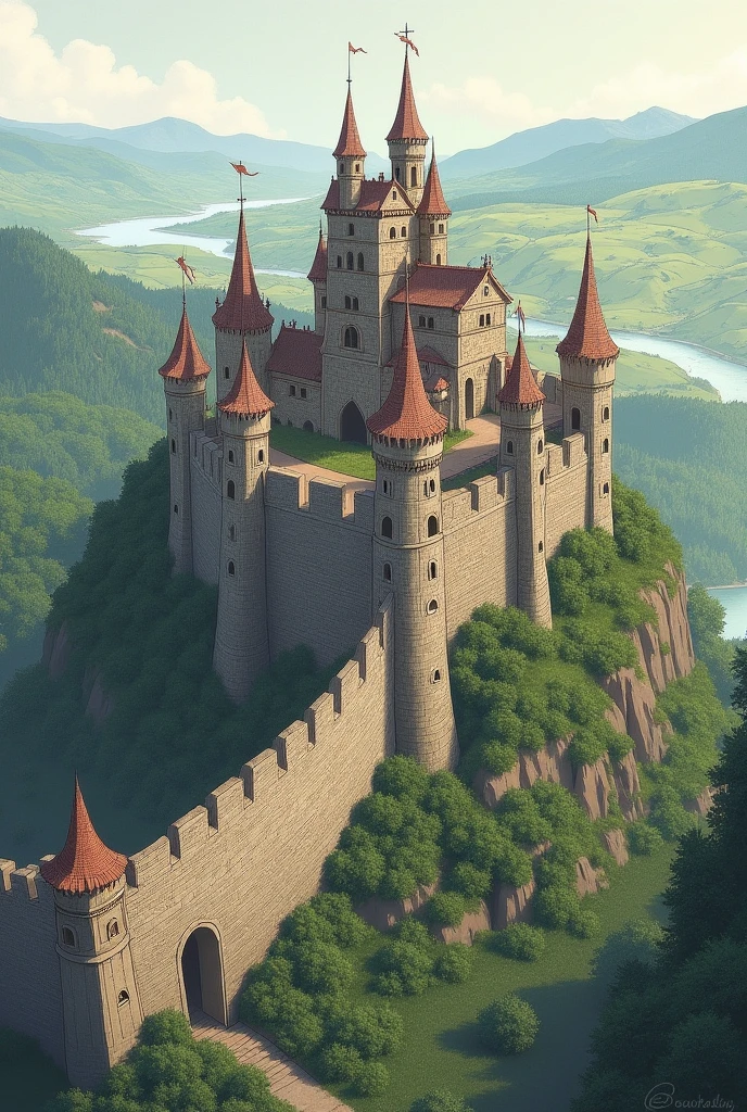 Create 2D artwork and drawing style, Make a medieval castle, he has a wall