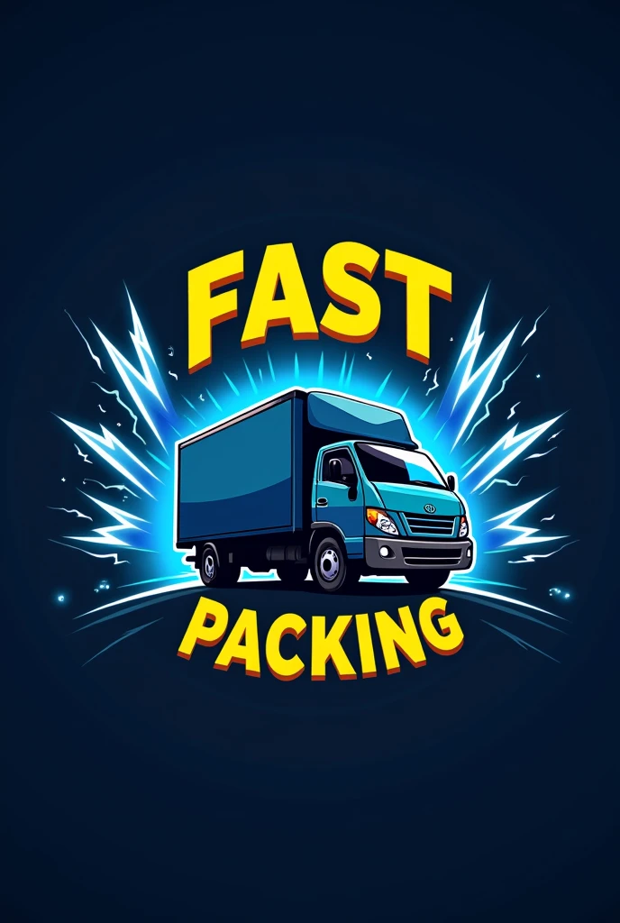 Logo for fast packing company yellow letters with a blue truck and lightning bolts coming out from behind it on a blue black background ,letters above the truck