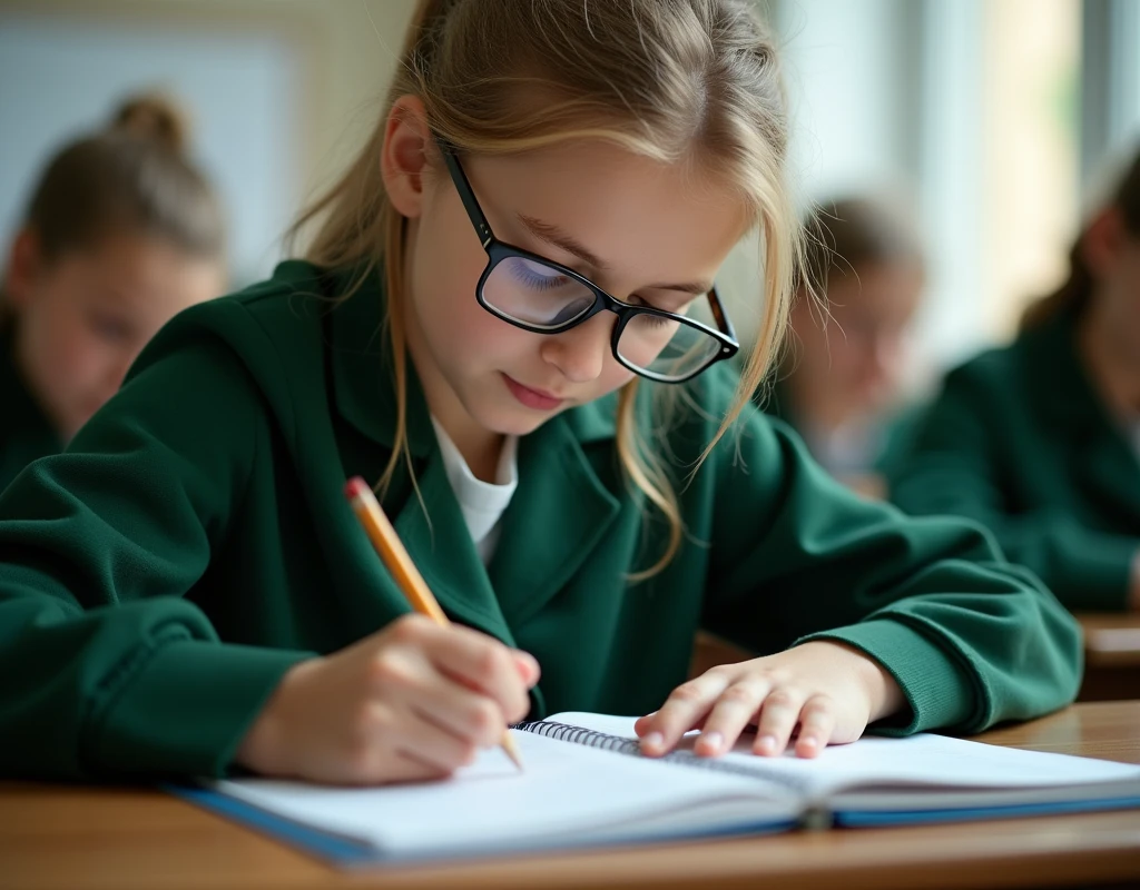 Developing cultural and intellectual skills, education according to the curricula prescribed for students ,  receiving information in the classroom, a close-up picture of a swedish  student with glases wearing a  green uniform  sitting on a school desk, performing school assignments