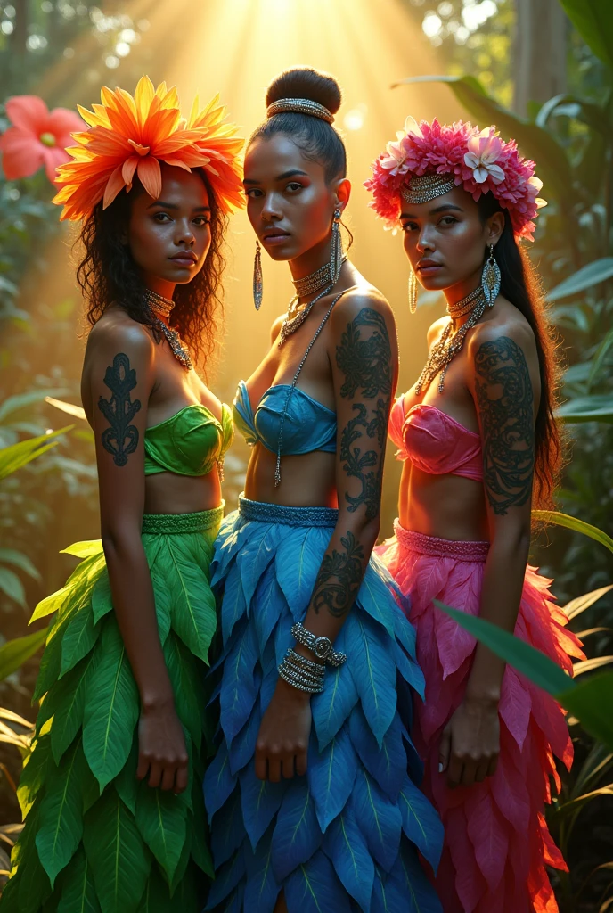 A photorealistic 4K cinematic image featuring three diverse women dressed in vibrant, surreal, nature-inspired outfits that blend fashion with the tropical landscape around them. Each outfit is adorned with creative details like glowing tattoos and shiny piercings, adding to their fierce, queen-like presence.

One woman wears a radiant green dress made of overlapping leaves, glowing subtly with bioluminescence, topped with a large, fiery orange flower hat. The second woman’s outfit fuses tropical flowers and feathers, with a skirt of cascading blue and purple petals, her top adorned with luminescent blooms and tribal tattoos. The third woman’s dress is a cascade of shiny leaves, with a crown of interwoven flowers and vines, her tattoos creating a mesmerizing effect.

The background is a lush, surreal tropical garden with oversized plants and glowing flowers. Rays of sunlight filter through the dense foliage, casting a warm, golden light over the scene. The atmosphere is one of empowered beauty and surreal nature, captured in a vibrant, cinematic moment.

[Lighting: Warm, golden sunlight with surreal highlights] [Camera: Wide-angle group shot capturing the detailed outfits and lush background] [Resolution: 4k, hyper-realistic] [Style: Surreal nature fashion, vibrant and bold, cinematic beauty] [Inspiration: Tropical landscape, Avant-garde fashion, Empowered women].

