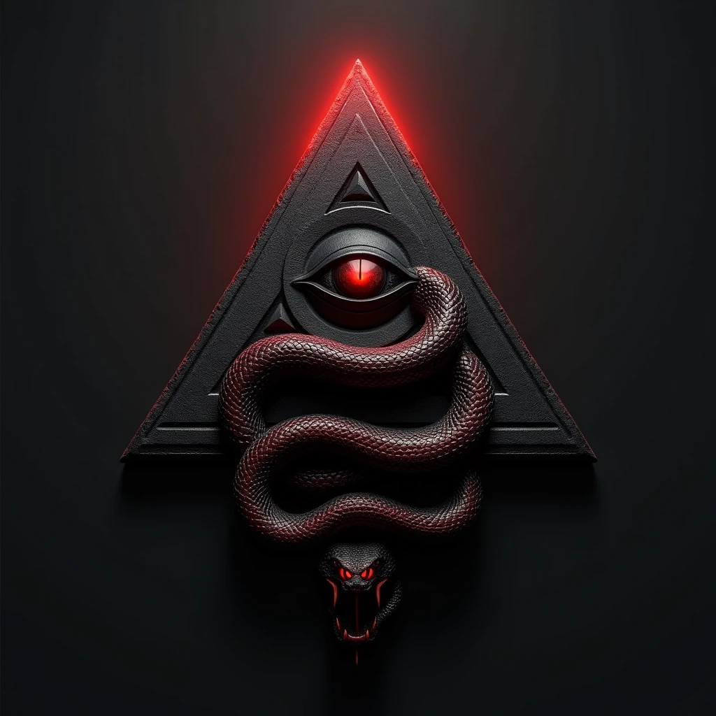 Create for me a 3D logo where there is a pyramid with an eye in its center, A snake is coiled around. the logo must look terrifying, apocalyptic. with nothing in the background, just the logo as I asked. use black and red colors