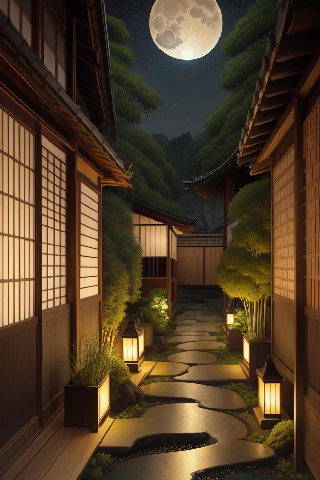 dynamic ink painting of a bamboo grove of japan, great art, great sense of depth, ground level shot, the most beautiful bamboo grove in the world, bamboo leaves shining through rainwater, moon\(pale blue\) with a light overcast, beautiful woman\(ancient Japanese noble, beautiful kimono, beautiful long black hair\) looking up at the moon holding an umbrella,raining softly, fireflies flying around, bamboo leaves are placed three-dimensionally in the foreground, long distance shot,limited color