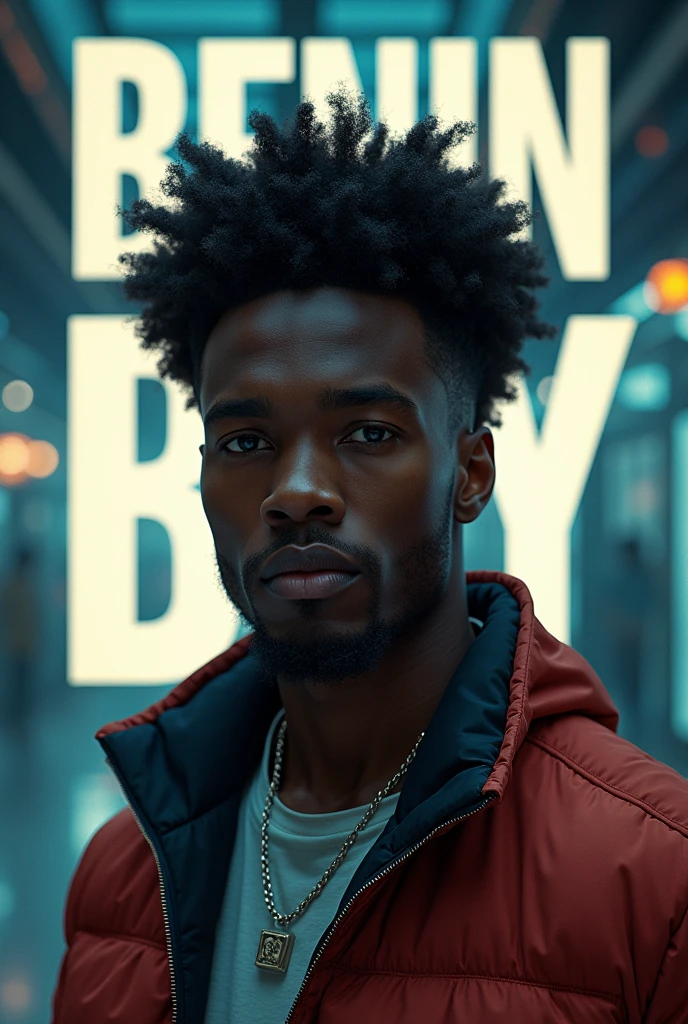 Afro male in the future with the word Benin Boy boldly written on the background