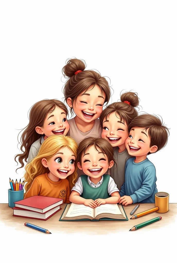 hand drawing of several happy children with full body and a woman in the middle of them taking care, amidst books and pencils, white background