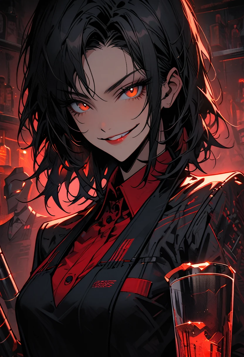 female focus, short messy black hair, amber eyes, cybernetic arms, athletic build, grungy bar, futuristic, smirk, mature, bartender, close up, spot lightening, preparing drinks, club, partygoers