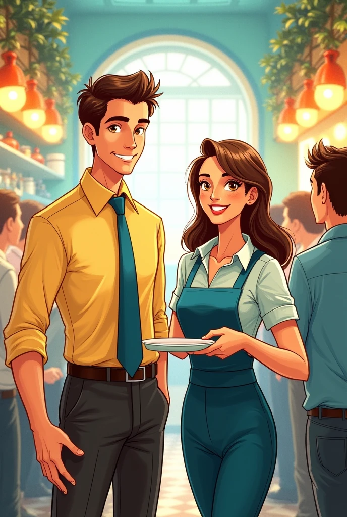 Generate me a couple of waiters, a man and a woman, well presentable with a yellow and light blue shirt., Please is it workers drawing style