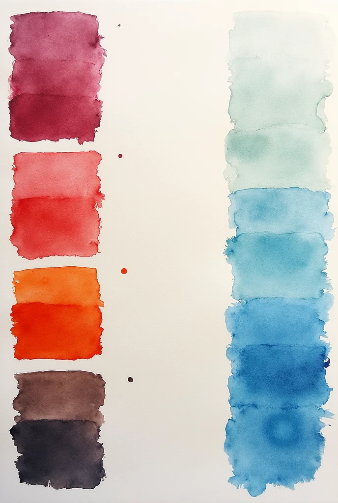 Create a color palette image with black watercolor blocks, maroon, orange and Caribbean blue on top of a sheet of paper, place the blocks on the side, make it very realistic