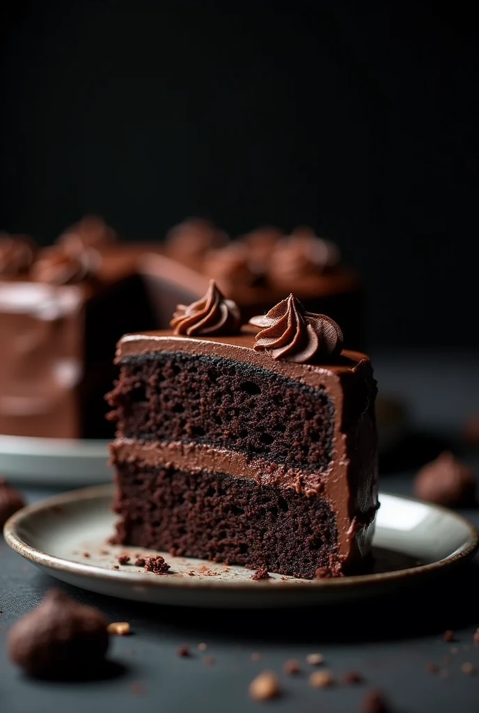 cinematic film still chocolate, chocolate cake, dark background, quality photo, moist texture, frosting, studio photo, slice . shallow depth of field, vignette, highly detailed, high budget, bokeh, cinemascope, moody, epic, gorgeous, film grain, grainy