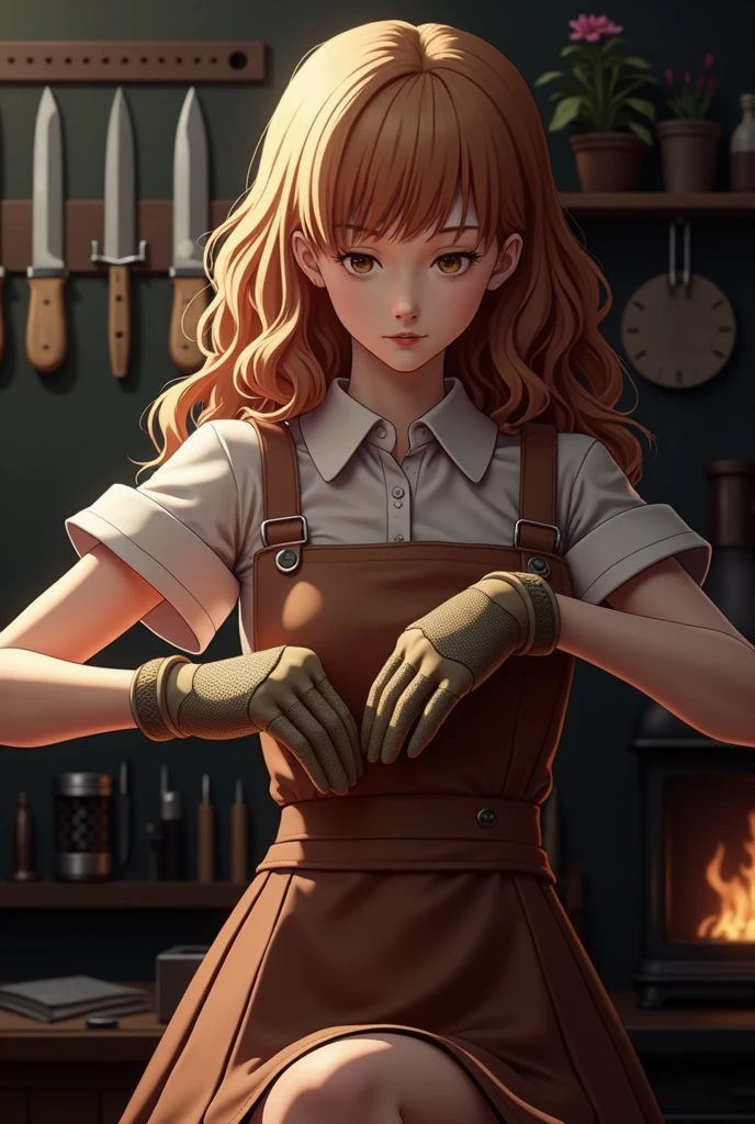 Highly detailed photographs of the Gunsmith model.:1.2, valid, Depth of field, undefined background, 1 inch girl with normal breasts, detailed medium hair, mitts pretas, chestnut hair, with eyes closed, a fireplace, besuntar, mitts, Fixing tools, knives, parted lips, I look at the viewer, overskirt, LnF, Master of Weapons, Workspace, work reality:1.3, Chedevr, The best quality at its best:1.1, (film photography:1.2)