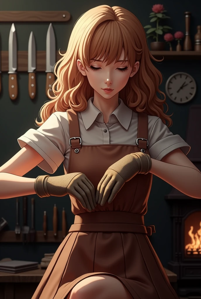 Highly detailed photographs of the Gunsmith model.:1.2, valid, Depth of field, undefined background, 1 inch girl with normal breasts, detailed medium hair, mitts pretas, chestnut hair, with eyes closed, a fireplace, besuntar, mitts, Fixing tools, knives, parted lips, I look at the viewer, overskirt, LnF, Master of Weapons, Workspace, work reality:1.3, Chedevr, The best quality at its best:1.1, (film photography:1.2)